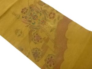 手織り紬汕頭刺繍相良刺繍向かい鳳凰に華文・草花模様名古屋帯